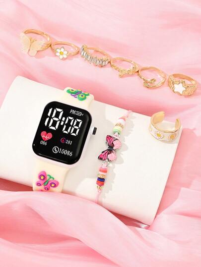 9-Piece Girl's Watch With Square LED Heart-Shaped Digital Display, Children's Watch With Butterfly Pattern Fashion Sports Bracelet, Clock, Affordable School Season Watch Suitable For Students, Fashionable School Supplies Electronic Watch.& Handmade Colorful Bead Alloy Butterfly Children's Bracelet Jewelry & Cute And Sweet Five-Pointed Star Butterfly Daisy Ring Accessory
