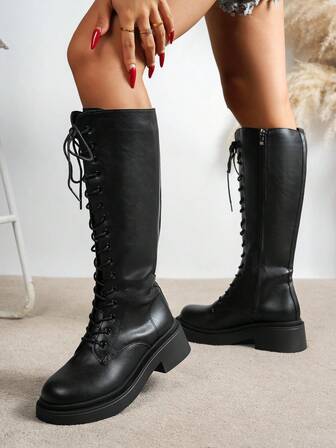 SHIHUA 女士中筒骑士靴，新款秋冬系带侧拉链高筒靴，厚底过膝靴，秋冬粗跟骑士靴