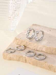 3pcs/Set Minimalist Cubic Zirconia Square Stud Earrings Set, Fashionable & Elegant Women Earrings, Suitable For Daily Wear - Silver - View 3