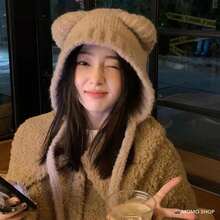 1 件女士可爱熊耳保暖耳套捕手帽，针织厚蓬松毛绒帽适合秋冬户外旅行骑行冬季女士