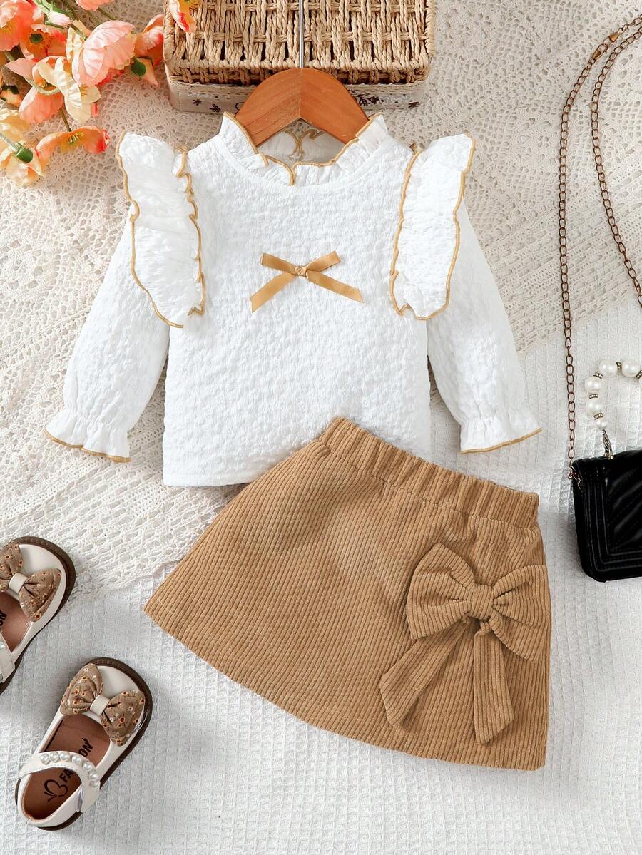 2pcs/Set Baby Girl Outfit, Autumn/Winter Adorable Lady-Like Fashion Ruffle Collar Long Sleeve Top + Bow Decor Skirt Set, Suitable For School Season, Perfect Outdoor Gift - Brown - View 1