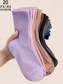 1/3/5/10/15/20 双装 女士纯色竖条纹舒适简约运动休闲吸湿中筒袜 - 彩色 - 查看 30