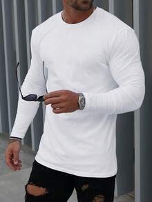 Men's Solid Casual Round-Neck Long-Sleeve T-Shirt - trắng - Xem 1