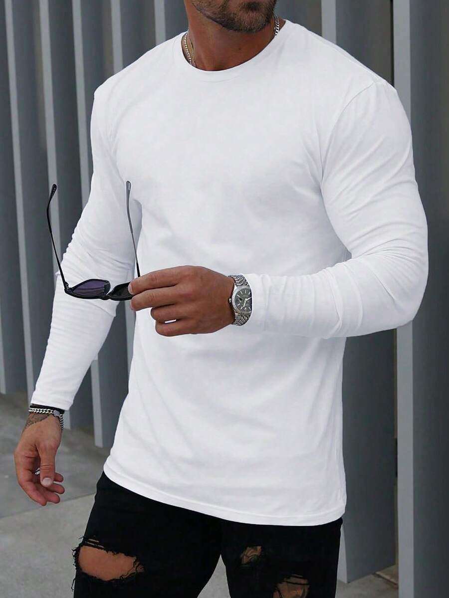 Men's Solid Casual Round-Neck Long-Sleeve T-Shirt - trắng - Xem 1