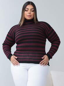 Cacharrel Plus Size Blouse With Stripes, High Neck, Ribbed, Second Skin - 紅木色 - 查看 5