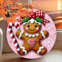 1pc Round Metal Sign Displaying A Pink And Red Gingerbread Christmas Wreath, Suitable For Home, Bar Or Cafe Decor Home Decor Christmas Decorations Room Decor