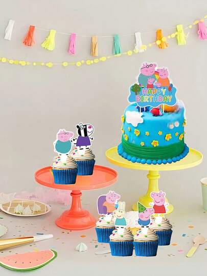 Peppa Pig 小猪佩奇卡通主题 - 万圣节、感恩节、圣诞节、生日派对蛋糕装饰用品，小猪佩奇家庭卡通人物主题派对蛋糕展示套装，儿童装饰蛋糕尺寸卡片派对装饰用品
