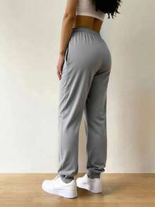 Pantalones De Cintura Alta Para Mujer Con Bolsillos En Diagonal Y Costura al frente - Gris - Ver 3