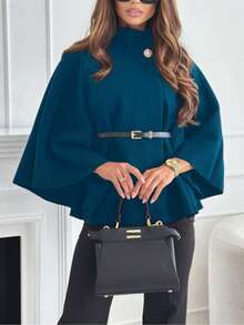 Áo khoác Poncho dáng rộng cổ đứng tay ngắn thanh lịch thời trang dành cho nữ kèm thắt lưng, mùa đông - Màu xanh ngọc - Xem 3