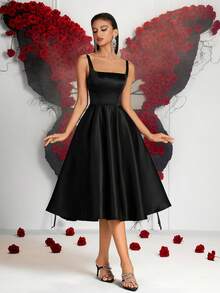 Elisanya Damen einfarbiges elegantes Kleid mit dicken Trägern, hoher Taille, A-Linie, rückenfreiem Bindegürtel, kurz. Geeignet für Abschlussball, Party, Cocktail, Abschlussfeier, Geburtstag, Date Night, Homecoming, Hochzeitsgast, Cocktailparty