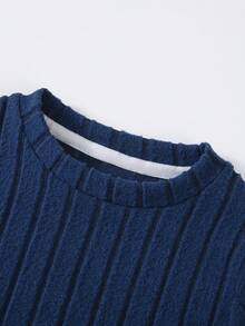 2 件套男童罗纹针织圆领长袖上衣和慢跑裤套装，秋冬休闲装 - 藏蓝色 - 查看 5