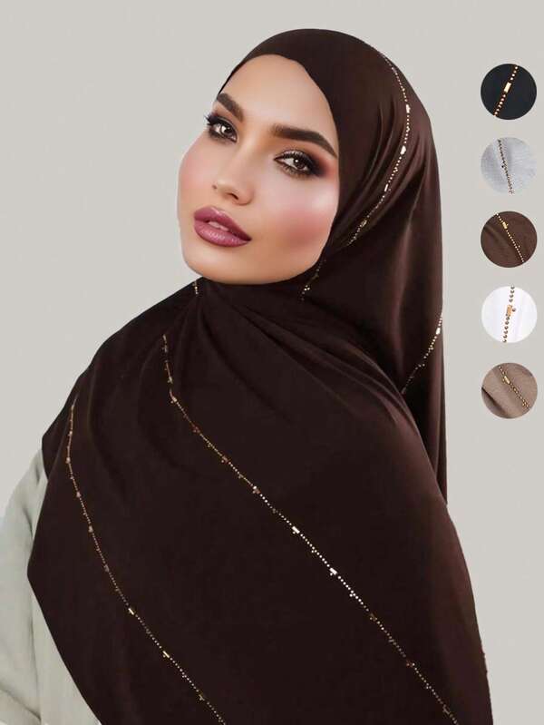 1pc Women's Shiny Chain Decor Headscarf, Ramadan Solid Plain Soft Premium Jersey Headscarf, Suitable For Ramadan And Daily Wear