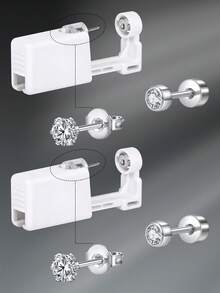 CIZME 4 件/套时尚不锈钢方晶锆石心形仿珍珠平背耳环，带穿耳枪，自穿耳套装 - 一次性穿耳枪，带预装耳钉，家用自穿耳枪套装，软骨耳环，男女皆宜，可作为日常装饰 - 銀色/金色 - 查看 15