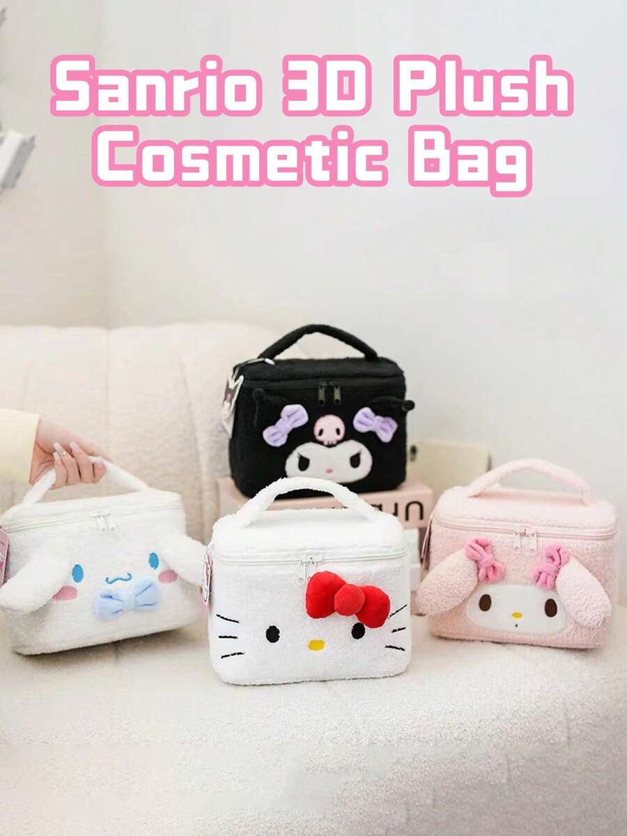 Sanrio 3D Plush Cosmetic Bag, Adorable Characters Design, Hello Kitty, My Melody, Kuromi & Cinnamoroll Designs, Extra Large Capacity & Wide Opening for Easy Packing, Soft Premium Quality Fabric with Double Zipper Closure, Perfect for Travel, Daily Use & As a G for 反對音