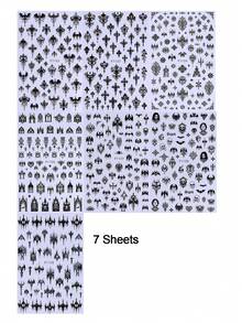 Bộ 7 miếng dán móng tay nghệ thuật Gothic màu đen, decal móng tay Halloween phong cách Gothic, họa tiết dây leo đen, thánh giá, dơi và đầu lâu, phụ kiện trang trí móng tay 3D dạng trượt, thích hợp cho móng tay mùa thu, móng tay ngày lễ. - màu đen - Xem 4