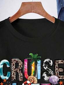 Women "Cruise Life" Summer Vibe Letter Print Short Sleeve Crew Neck T-Shirt-White And Navy Off-The-Shoulder Cropped Top Thanksgiving And Christmas - 黑色 - 查看 3