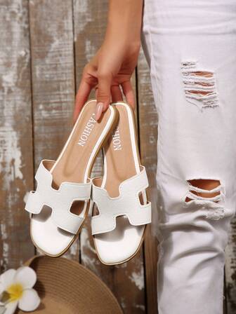 新款女士时尚一脚蹬平底凉鞋，优雅镂空 PU 皮革拖鞋，夏季纯色沙滩拖鞋