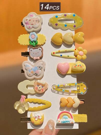 14 pièces Série jaune, style femme, doux et mignon, motif de fleurs, papillons et amour, ensemble de pinces à cheveux en versions multiples, convient pour un usage quotidien, recommandé comme cadeau d'accessoires capillaires pour femmes, pinces à cheveux, barrettes, épingles à cheveux, accessoires pour la tête