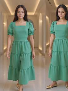 Lizo Long Ruffled Youth Dress Short Sleeve Girls 8 To 12 Years Baby Blue, Pink, Green, Beige, Black - 綠色 - 查看 1