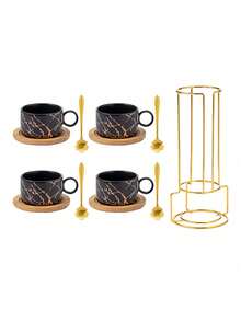 4pcs/Set Ceramic Marble Coffee Cup Set With Gold Stand, Including 4 Cups, 4 Saucers, 4 Spoons, Available In Turquoise Flower Design, 180ml Cappuccino/Latte Cups With Marble Pattern In Black Or White, Handled Espresso Cups