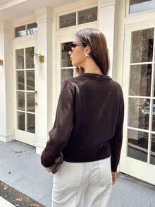 FOR BEAUTY 女士圆领单排扣长袖针织开衫，时尚简约，百搭休闲街头风，适合日常通勤，女士春季上衣 - 棕色 - 查看 5