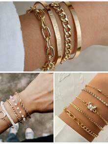 FAXHION 77pcs/35pcs Middle Eastern Style Elegant Vintage Butterfly, Heart, Faux Pearls, Twist, Rhinestone, Snake Chain, Braided Chain, Geometric C-Shaped Earrings, Necklace, Ring, Bracelet Jewelry Set For Holiday, Party, Gift - 金黃色-35件 - 查看 4