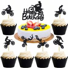 1Pc/13Pcs Glitter Motorcycle Happy Birthday Cake Toppers Black Flash Motorcycle Party Decoration Birthday Party Cake Decorations - Black - View 12