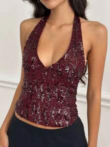 Women Y2k Halter Tank Tops Sparkly Sequin Summer Crop Tops Sleeveless Slim Fit Deep V Neck Open Back Vest Shirt Backless Glitter Going Out Tops Vintage Streetwear Fairy Aesthetic Clothes - 酒紅色 - 查看 1