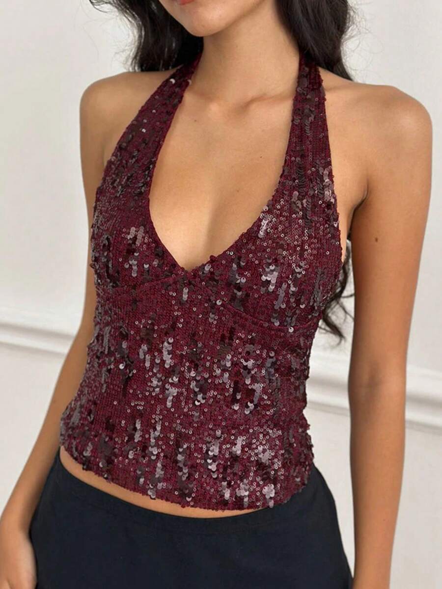 Women Y2k Halter Tank Tops Sparkly Sequin Summer Crop Tops Sleeveless Slim Fit Deep V Neck Open Back Vest Shirt Backless Glitter Going Out Tops Vintage Streetwear Fairy Aesthetic Clothes - 酒紅色 - 查看 1