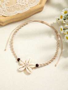 1Pc Boho Handmade Floral Shell Necklace For Women, Peruvian Knot Design,Adjustable Tightness,Suitable For Beach Vacation Wear