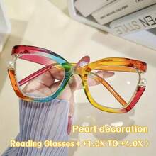 1 Piece Fashion Large Frame Unisex Glasses Personalized Colorful Cat-Eye Design Pearl Decoration Gradient Frame Metal Hinges Computer Reading Daily Vision Support Fashion Accessory For Mature Women 2026 Mother's Day Best Unique Heartfelt Sentimental Gift Surprise For Mom Mommy Mum Grandma - 彩虹色 - 查看 3