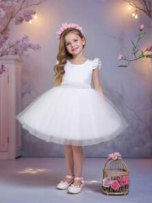 Young Girls' Solid Color Chiffon & Satin Dress, Simple & Elegant Dress Suitable For Performance, Hosting, Runway, Does Not Include Hair Accessories - White - View 1