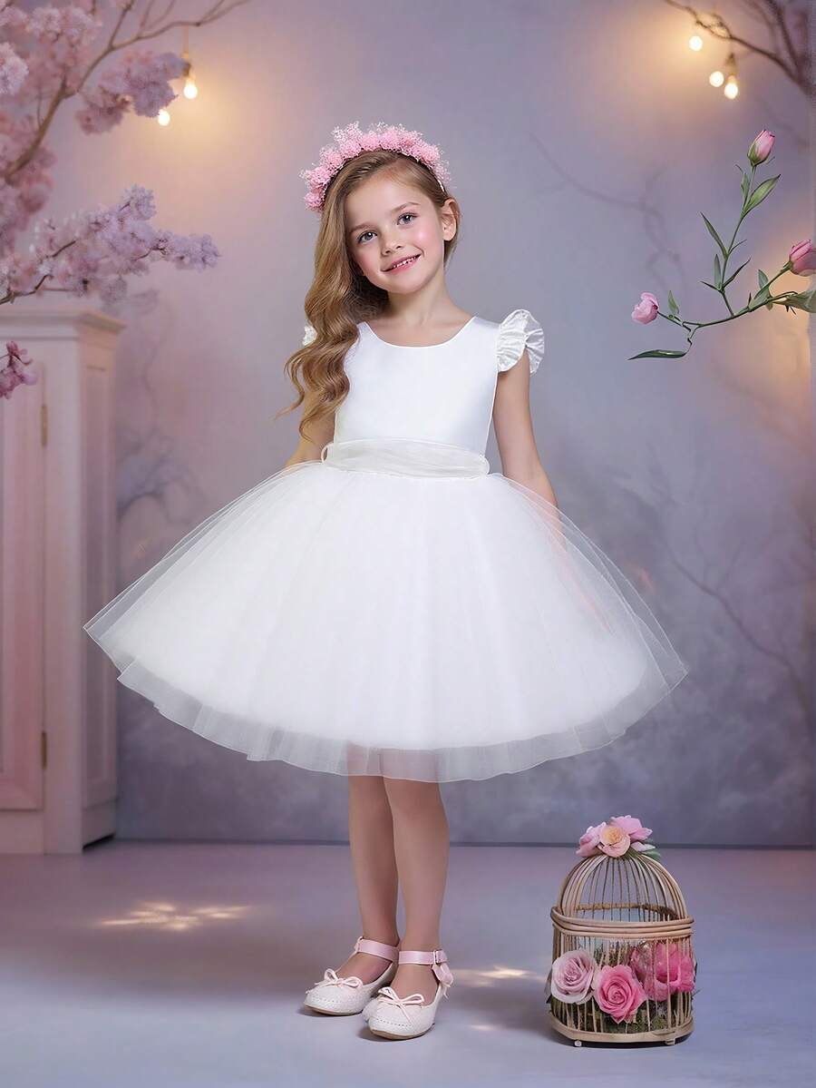 Young Girls' Solid Color Chiffon & Satin Dress, Simple & Elegant Dress Suitable For Performance, Hosting, Runway, Does Not Include Hair Accessories - White - View 1