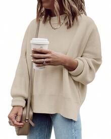 Saodimallsu Womens Fall Oversized Tunic Sweaters Slouchy Long Sleeve Ribbed Knit Side Slit Pullover Jumper - Beige - View 3