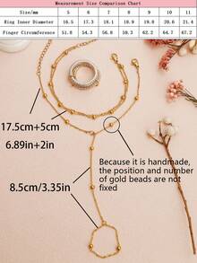 3er Set Goldene Ringe zum Stapeln mit Fingerarmband für Frauen, 14 Karat vergoldete Ringe, massive stapelbare Ringe mit kubischen Zirkoniasteinen, Goldperlen mit Fingerarmband Set, Geburtstagsgeschenk, Party Deko, modischer Schmuck Geschenkartikel