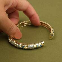 Enamel Bracelet With Hollow Leaf & 3 Floral Rhinestone Inlaid, Slim Openable Vintage Style Jewelry For Women (Batch Color May Vary Slightly Due To Handpainted Crafting)