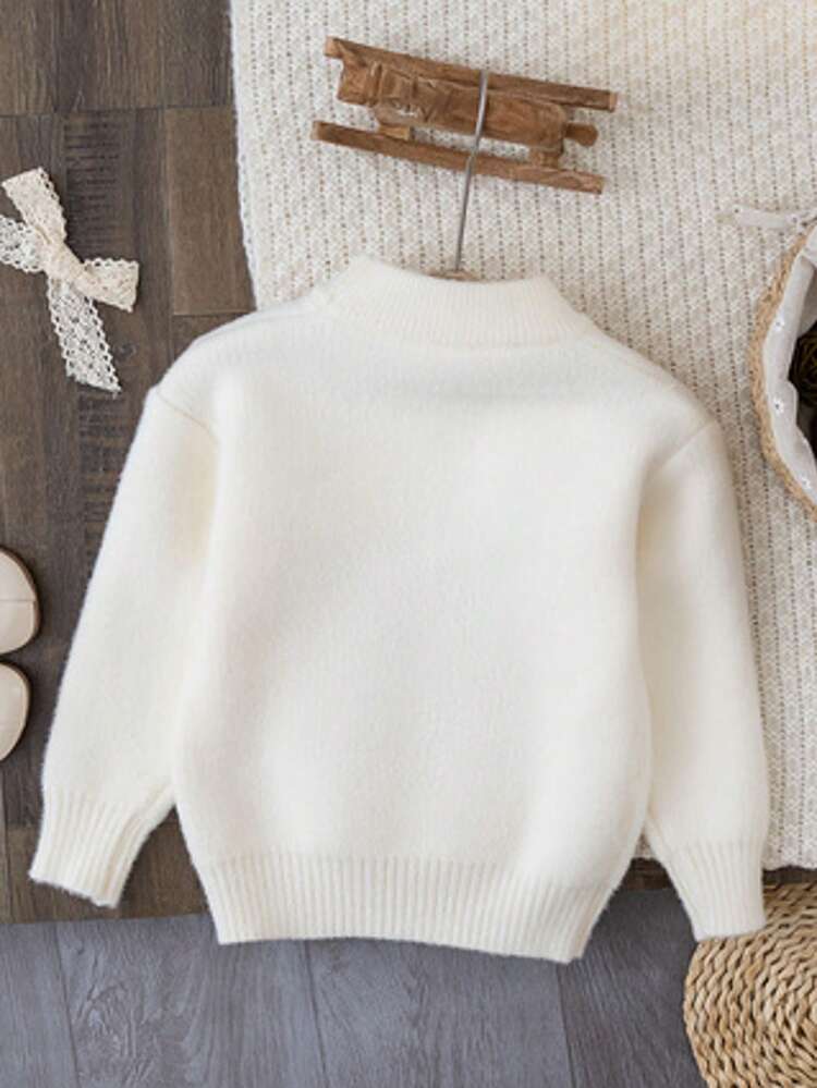 Fashionable Girls Floral Decor Casual Sports Style Crew Neck Knit Pullover Sweater, Suitable For Outdoor Activities And As A Gift For Girls On Holidays - White - View 2