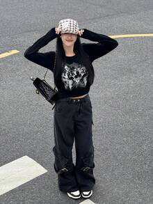 Women's Retro Floral Print Long Sleeve T-Shirt, Summer Casual Spring - Black - View 2