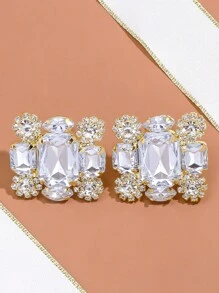 1 Pair Silver Square Crystal Rhinestone Clip-On Earrings