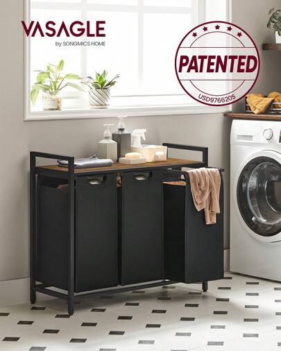 VASAGLE Laundry Hamper, Laundry Basket, Laundry Sorter With 3 Pull-Out And Removable Bags, Shelf, Metal Frame, 3 X 10.6 Gallons (40 L), 36.4 X 13 X 28.4 Inches
