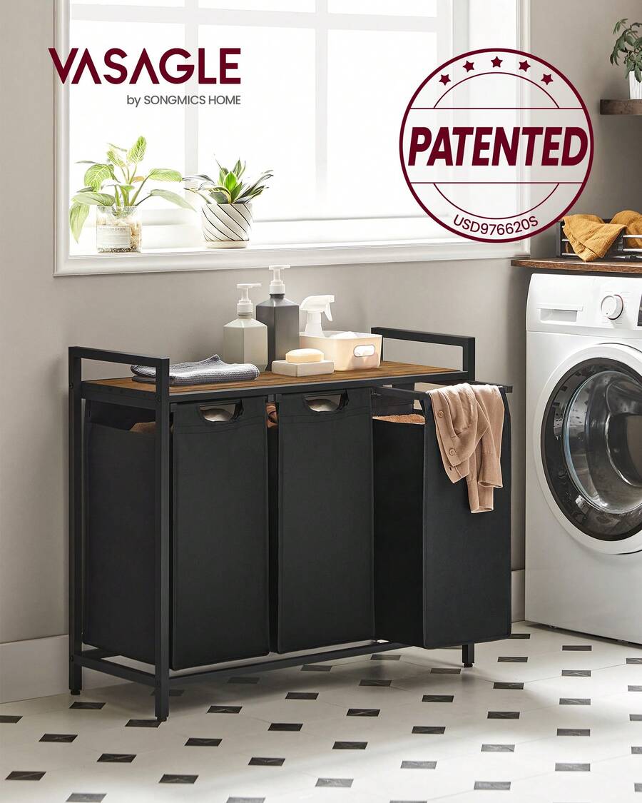VASAGLE Laundry Hamper, Laundry Basket, Laundry Sorter With 3 Pull-Out And Removable Bags, Shelf, Metal Frame, 3 X 10.6 Gallons (40 L), 36.4 X 13 X 28.4 Inches - 黑色+鄉村棕 - 查看 1