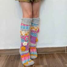 Women's Thigh High Socks Over The Knee Cable Knit Boot Socks, Boho 3D Flower Multicolour Embroidery Long Stcokings Winter Warm Christmas Holiday Leg Warmers - Grey - View 6