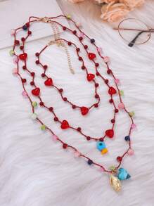 1pc Heart Beaded Multi-Layer Necklace With Fashionable Seashell & Fish Pendant, Suitable For Beach Vacation - Small Fish and Conch Multi-layer Necklace - View 5