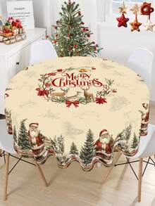 1pc Christmas Tablecloth, Vintage Santa Claus Snowman Christmas Tree Reindeer Pattern, 100% Polyester, Round/Rectangular, Holiday Kitchen Dining Table Decor, Christmas Party Decoration, Home Decor - Multicolor - View 12