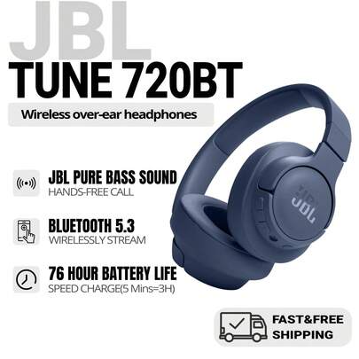  Tune 720BT - 无线包耳式耳机，配备 JBL 纯低音音效、蓝牙 5.3、长达 76 小时的电池续航时间和快速充电、轻巧、舒适、可折叠设计（蓝色）