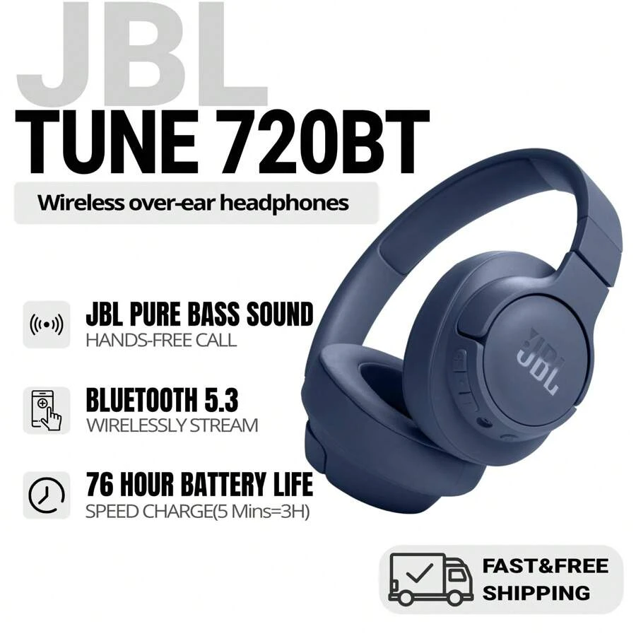 Tune 720BT - 无线包耳式耳机，配备 JBL 纯低音音效、蓝牙 5.3、长达 76 小时的电池续航时间和快速充电、轻巧、舒适、可折叠设计（蓝色）