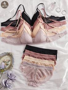 4pcs/Set Women's Sexy French Lace Cross Strap Padded Bra Set, Comfortable Wireless, Adjustable Straps, Triangle Cup Lingerie Set - Multicolor - View 1