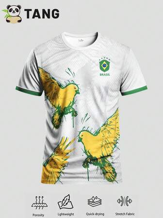 Men's Brazil Peace Football Jersey & Crew Neck Comfortable Sports Top, Suitable For Football Match, Training, Casual And Holiday Wear, Gift