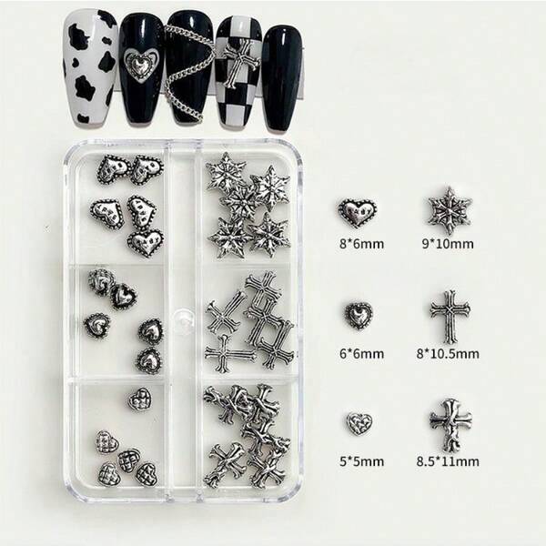 30PCS 6-Grid Metal Nail Charms Set, DIY Punk Cross Star Heart 3D Nail Art Decorations For Women And Girls Nails Nail Supplies