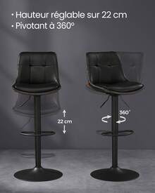 VASAGLE Tabourets de Bar, Lot de 2, Chaise de Cuisine, Siège Pivotant à Hauteur Réglable, Matelassé, en PU, avec et Repose-Pieds, Salle à Manger, Comptoir, Acier, Noir - Noir - Voir 7